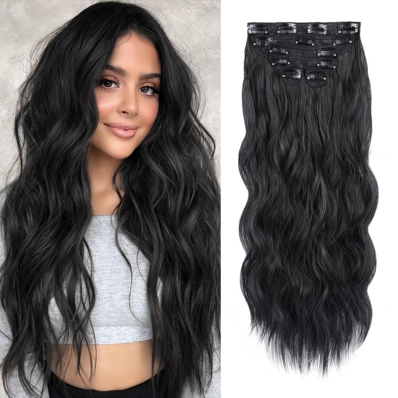 WECAN Clip In Natural Black Hair Extensions 20 Inch 6pcs Thick Curly Clip In Hair Extensions Synthetic Double Weft Wavy Hairpieces Full Head For Women